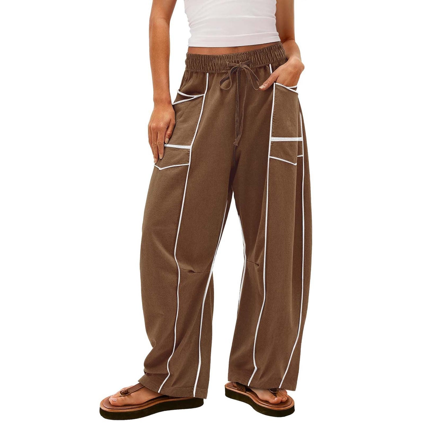 Women's Wide-Leg Pants with Drawstring and Stripe Pattern