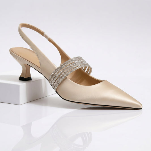 Dame Slingback Pumps med Spids Tå, Lav Hæl og Rem med Strass – Elegante Pumps