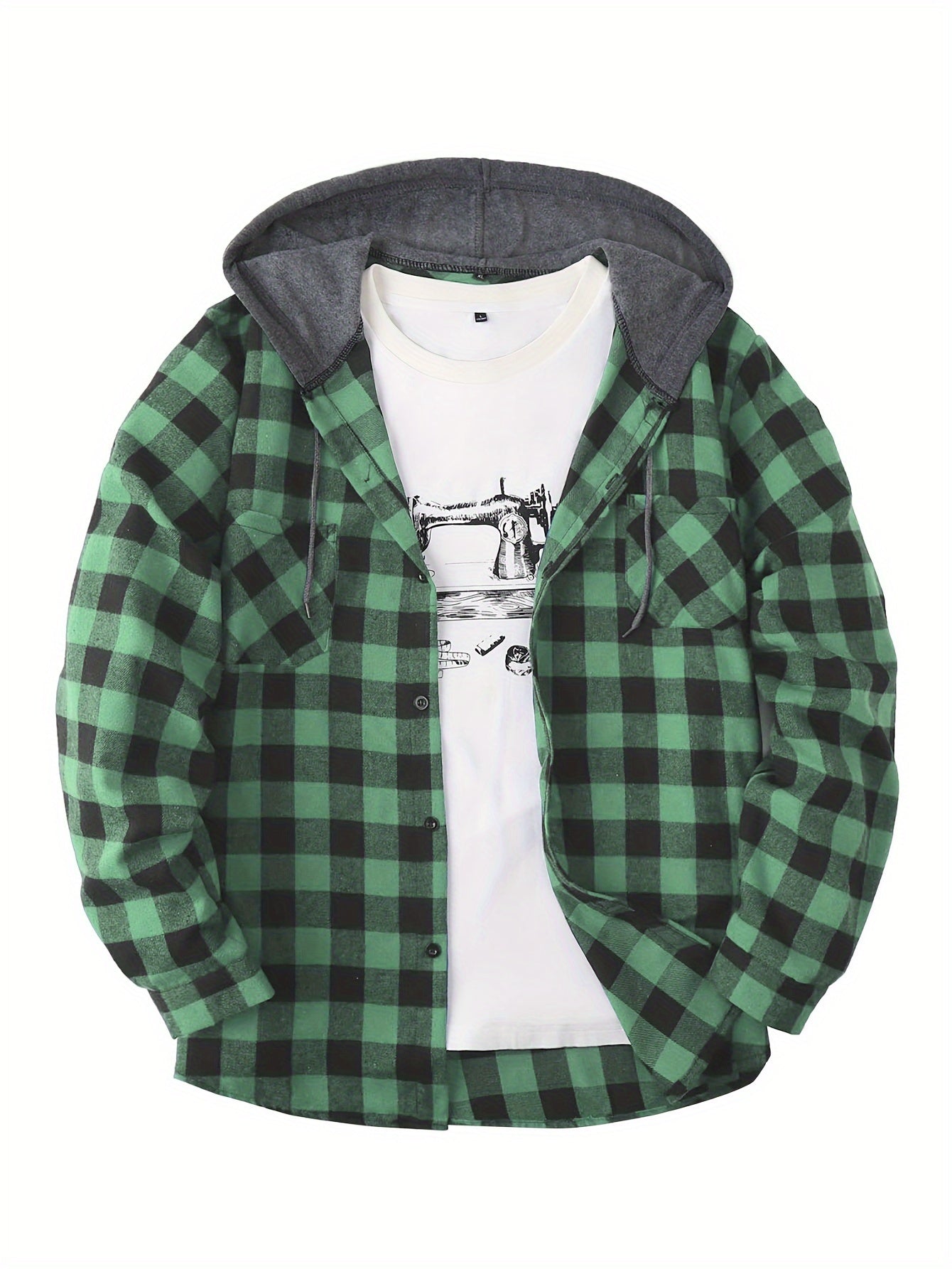 Men's Autumn Flannel Shirt-Jacket with Hood and Checkered Pattern