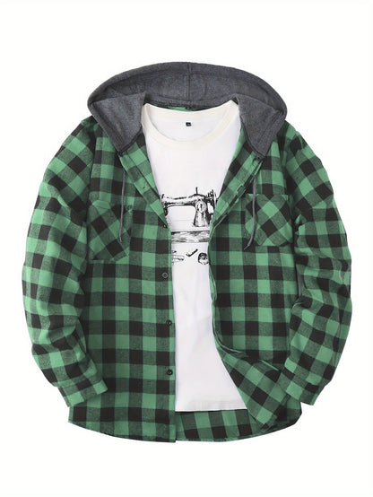 Men's Autumn Flannel Shirt-Jacket with Hood and Checkered Pattern