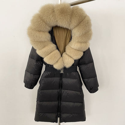 Women's Winter Coat with Long Hood and Removable Fur Collar