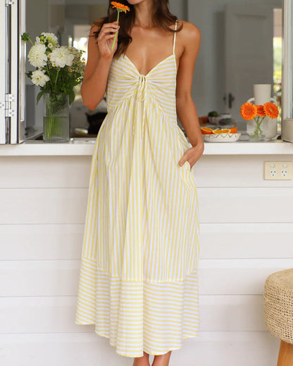 Abito Midi Estivo Donna a Righe con Scollo a V e Vita Elasticizzata – Abito Casual Estivo