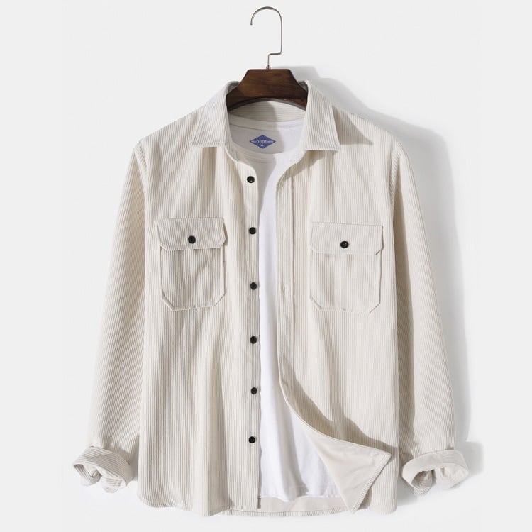 Camicia da Uomo a Maniche Lunghe in Velluto a Coste con Dettaglio Bottoni