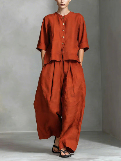 Two-Piece Women's Set in Cotton and Linen Shirt Style and Wide-Fit Long Pants
