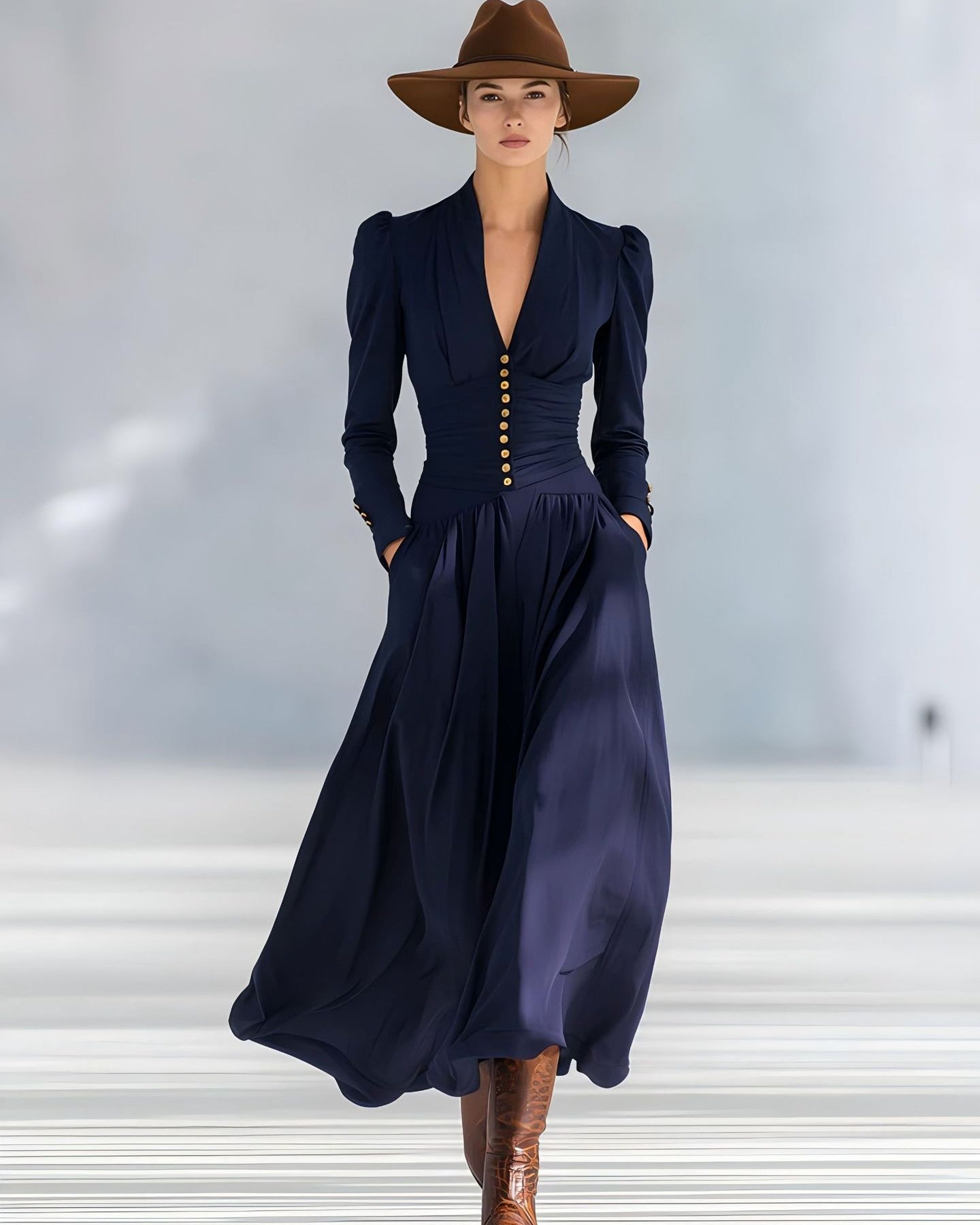 Women's Autumn Fitted Dress with High Waist and Pleats – Elegant Solid Color Midi Dress