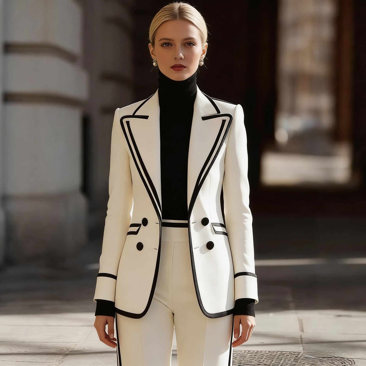 Completo de mujer con blazer cruzado de manga larga y pantalones largos – diseño color block