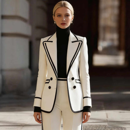 Completo de mujer con blazer cruzado de manga larga y pantalones largos – diseño color block