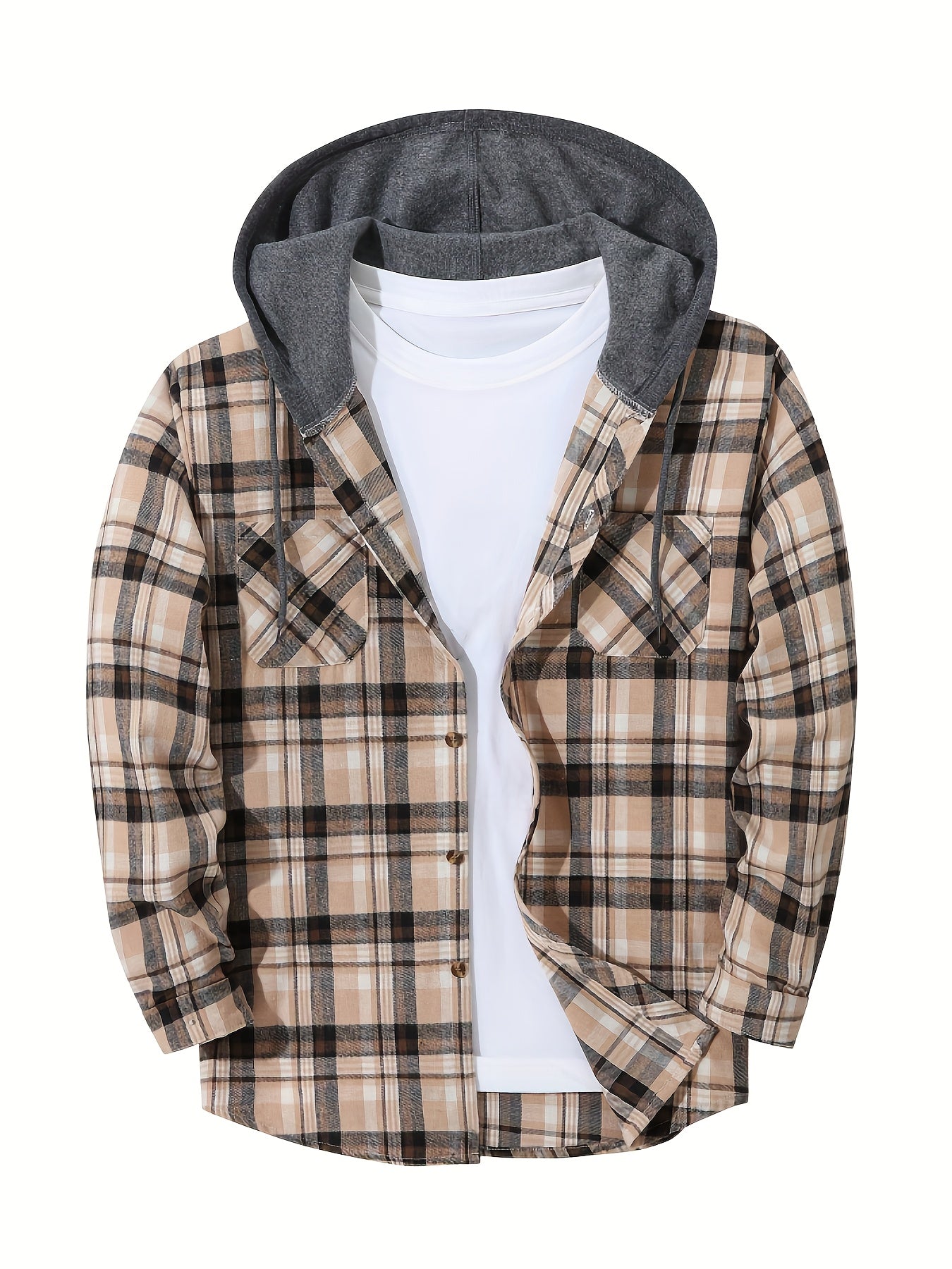 Men's Autumn Flannel Shirt-Jacket with Hood and Checkered Pattern