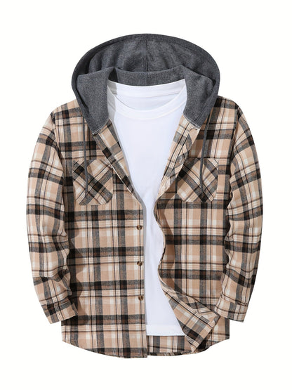 Men's Autumn Flannel Shirt-Jacket with Hood and Checkered Pattern