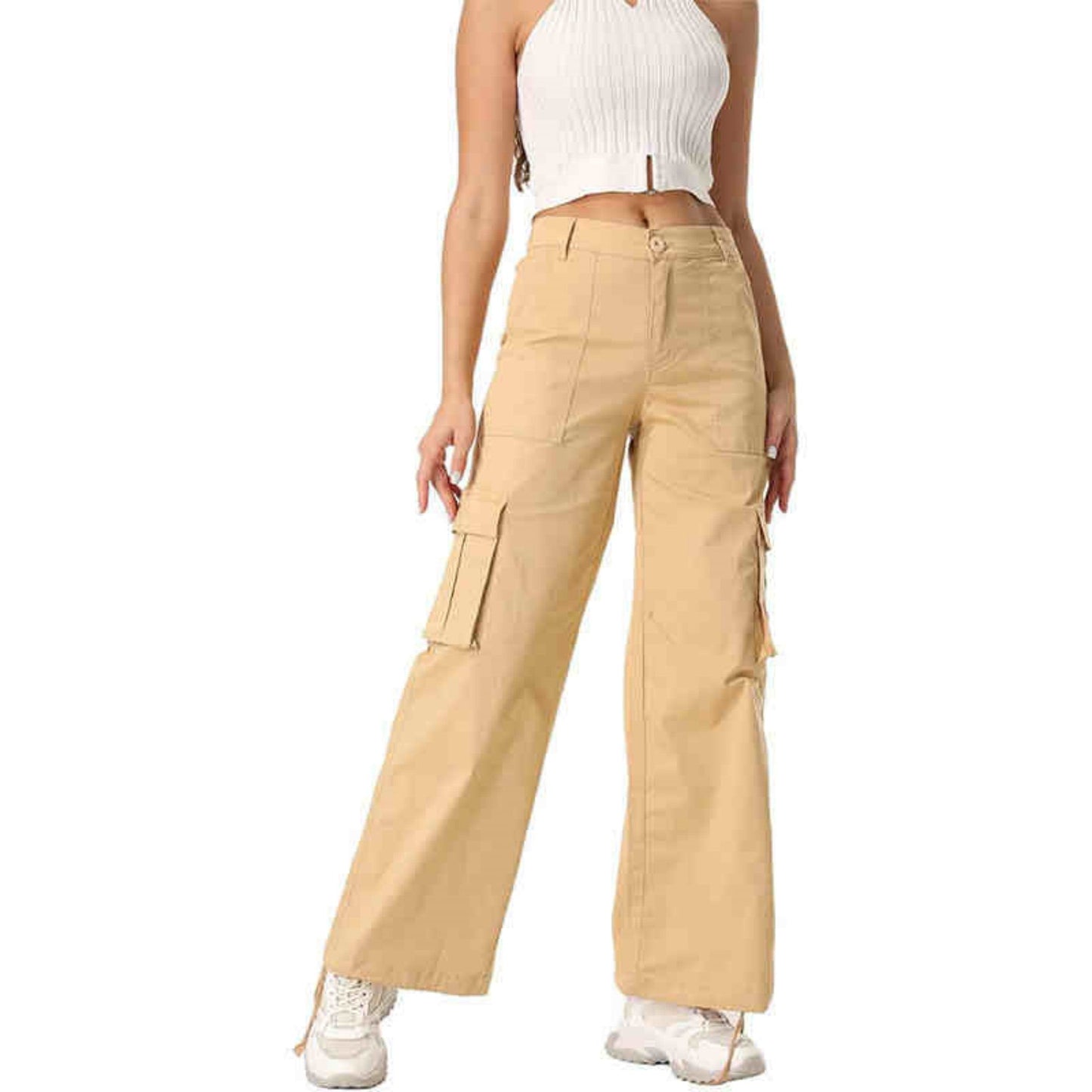High-Waisted Women's Pants with Wide Legs and Side Pockets