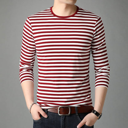 Men's Long Sleeve Shirt with Round Neck and Striped Pattern