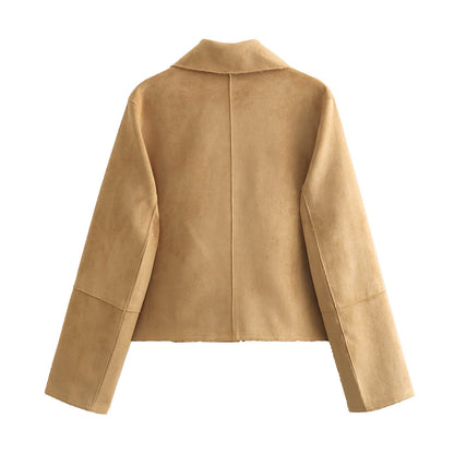Women's Long Sleeve Jacket with Square Collar and Front Pockets in Suede Effect