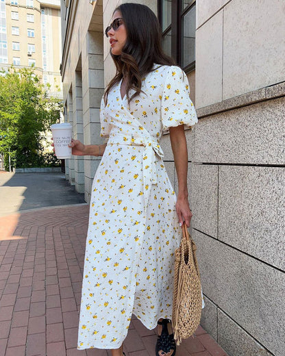 Vestido de Verano para Mujer Floral con Escote en V y Atadura Frontal – Vestido Elegante de Verano