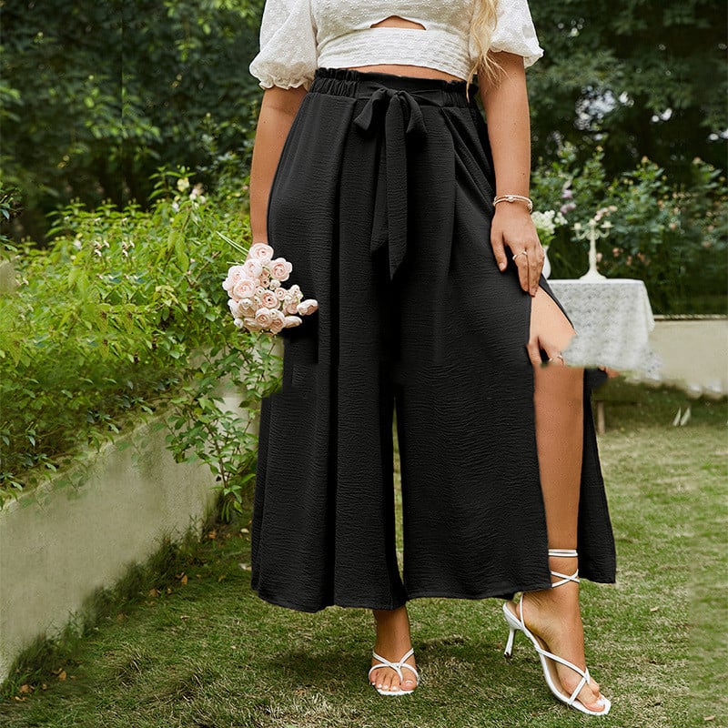 High-Waisted Women's Pants with Buckle, Wide Leg, and Cropped Length