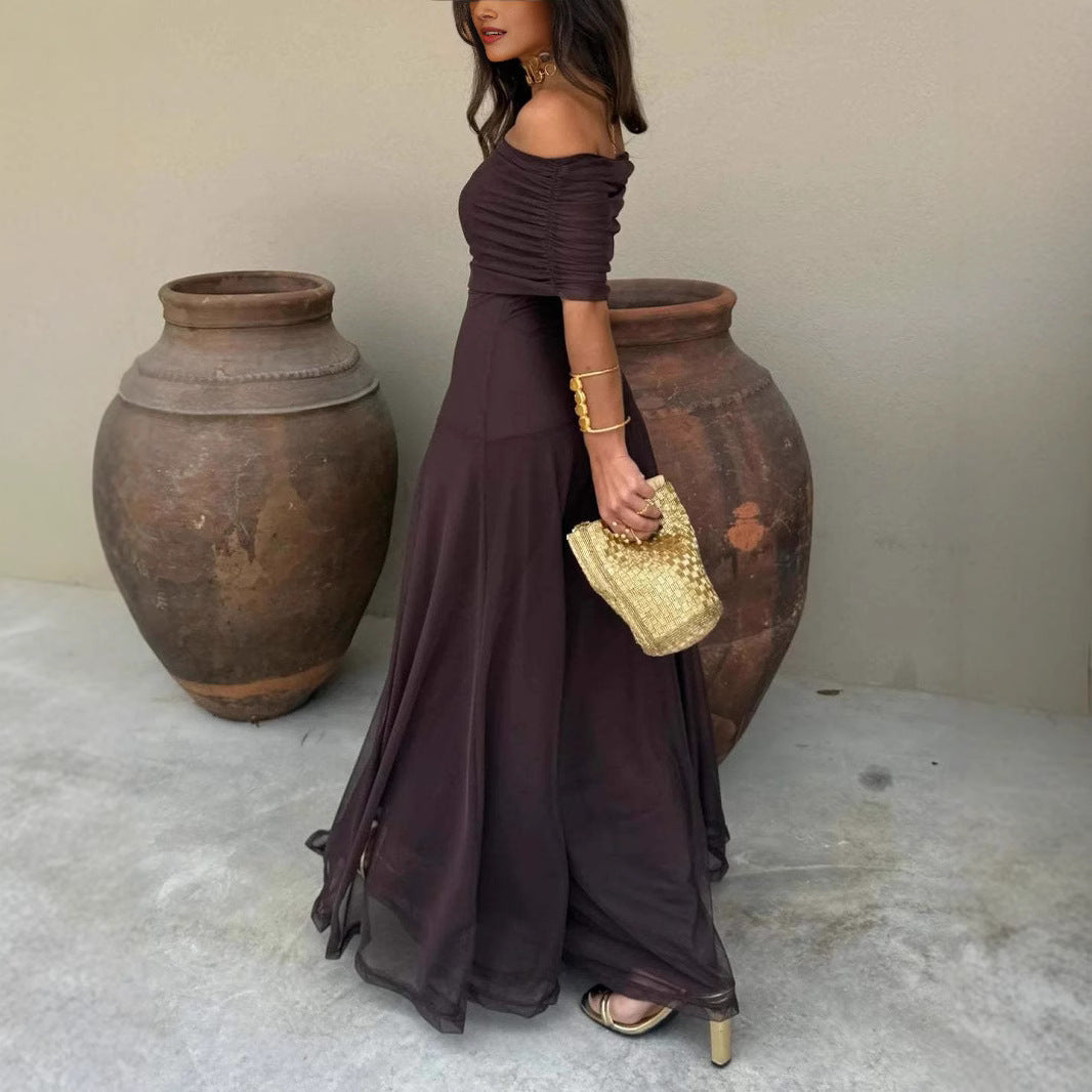 Women’s Long Strapless Dress with Mesh Panels and Full Skirt