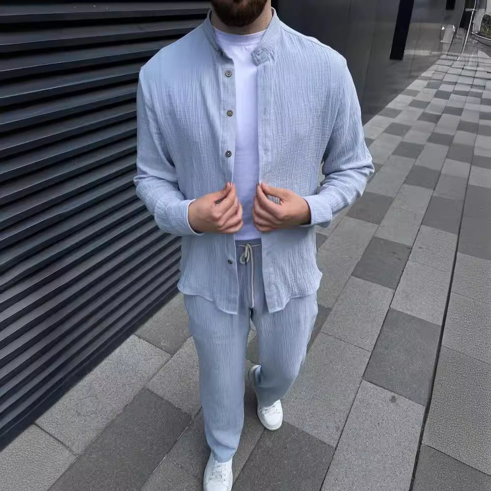 Men's Two-Piece Suit with Long-Sleeve Shirt and Cropped Pants – Coordinated Casual Set