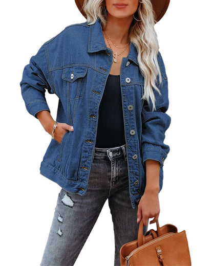 Chaqueta corta de mujer en denim con cuello bufanda y ajuste oversize
