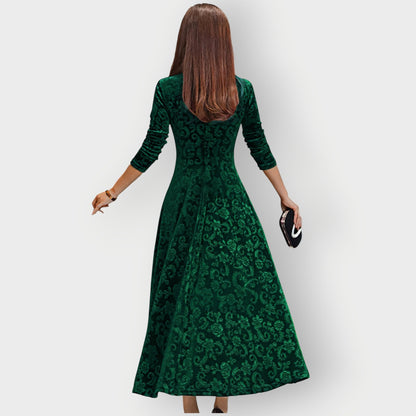 Women's Midi Jacquard Velvet Dress with V-Neck and Flared Skirt