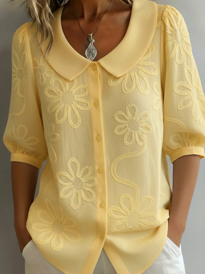 Camicetta Donna con Colletto Arrotondato e Ricami Floreali – Stile Elegante