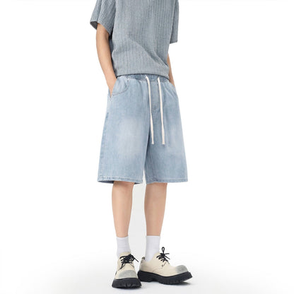 Herreshorts i denim med elastisk talje og lige ben