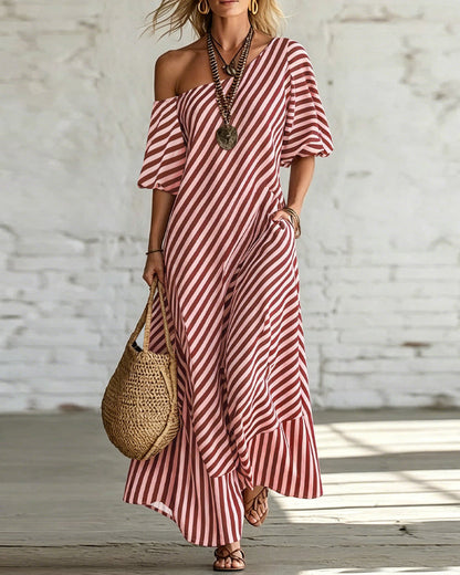 Women’s Long Summer Striped Dress with One-Shoulder Neckline and Ruffle