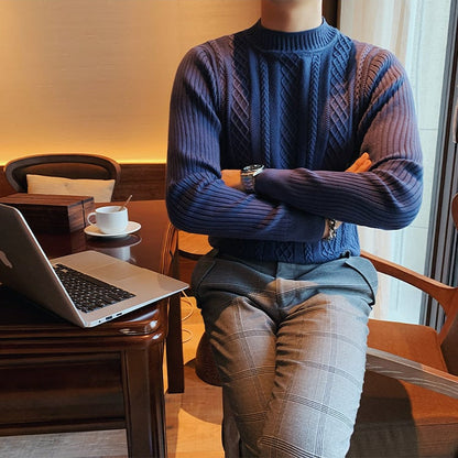 Jersey de otoño para hombre con cuello alto medio, ajuste slim, tejido grueso