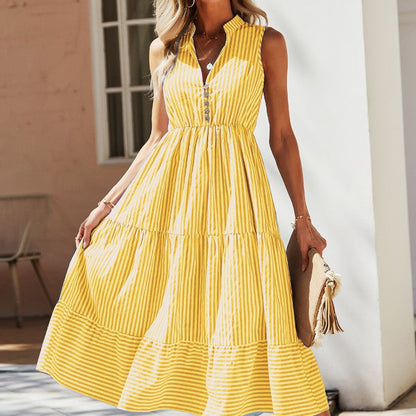 Women's Sleeveless Vertical Stripe Midi Dress with High Waist – Elegant A-Line Dress