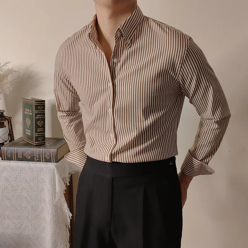 Men's Slim Fit Long Sleeve Shirt with Button-Down Collar and Striped Pattern – Business Casual Style