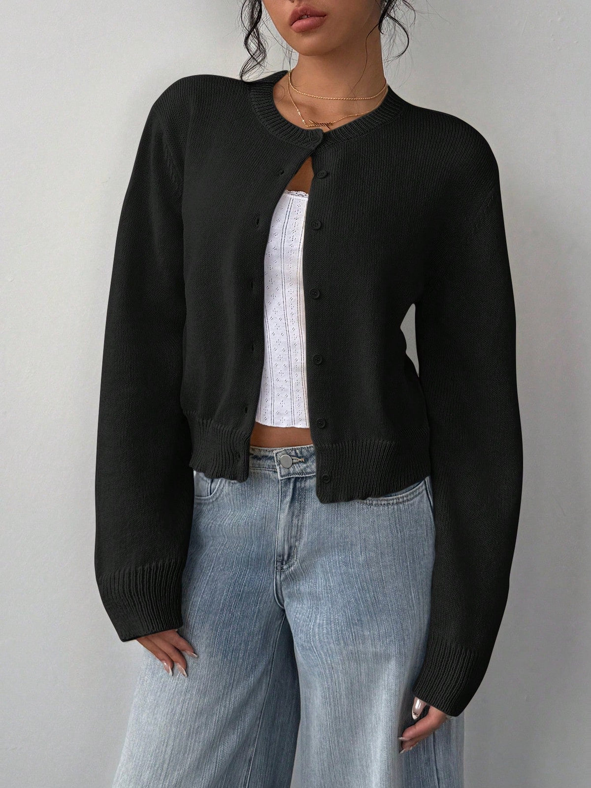 Cárdigan de punto ajustado para mujer con cuello redondo y mangas largas