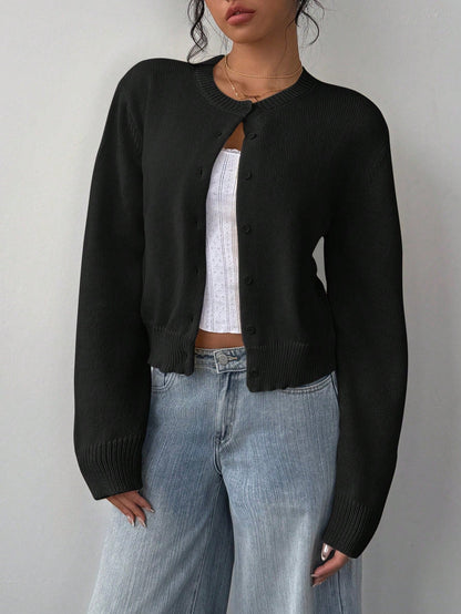 Cárdigan de punto ajustado para mujer con cuello redondo y mangas largas