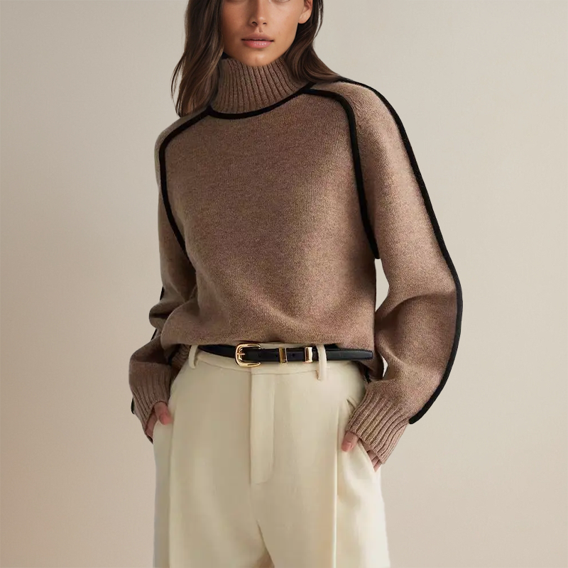 Donna con maglione marrone a collo alto, pantaloni beige e cintura nera. Moda autunnale elegante, abbigliamento casual chic, tendenze 2023.