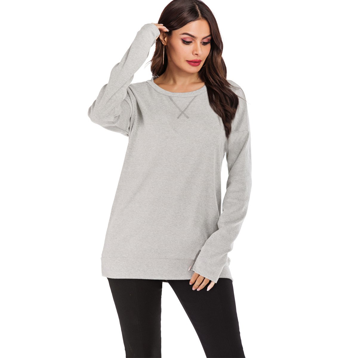 Jersey de mujer de manga larga con cuello redondo, ajuste holgado y color liso