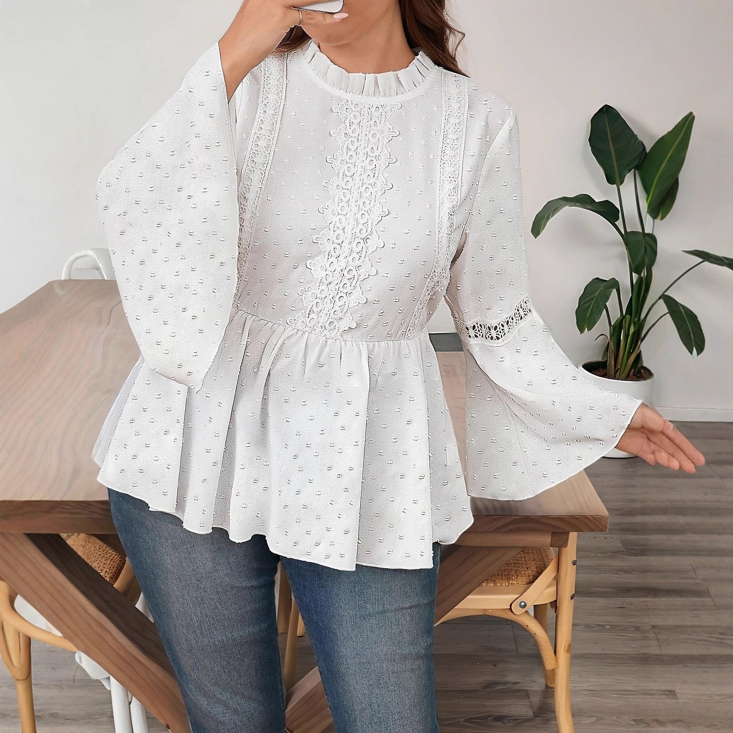 Plus Size Women's Long Sleeve Shirt with Bell Sleeves