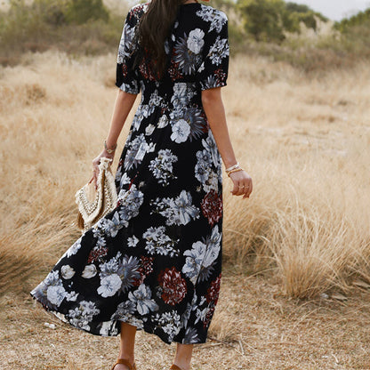Women’s Summer Midi Dress with Floral Print and V-Neckline
