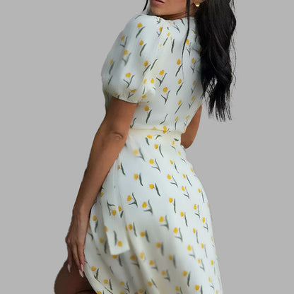 Vestido midi floral para mujer con escote en V y cintura alta – Vestido de verano elegante