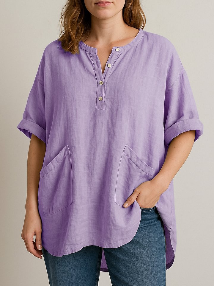 Women's Short Sleeve Shirt with V-Neck, Solid Color and Loose Fit