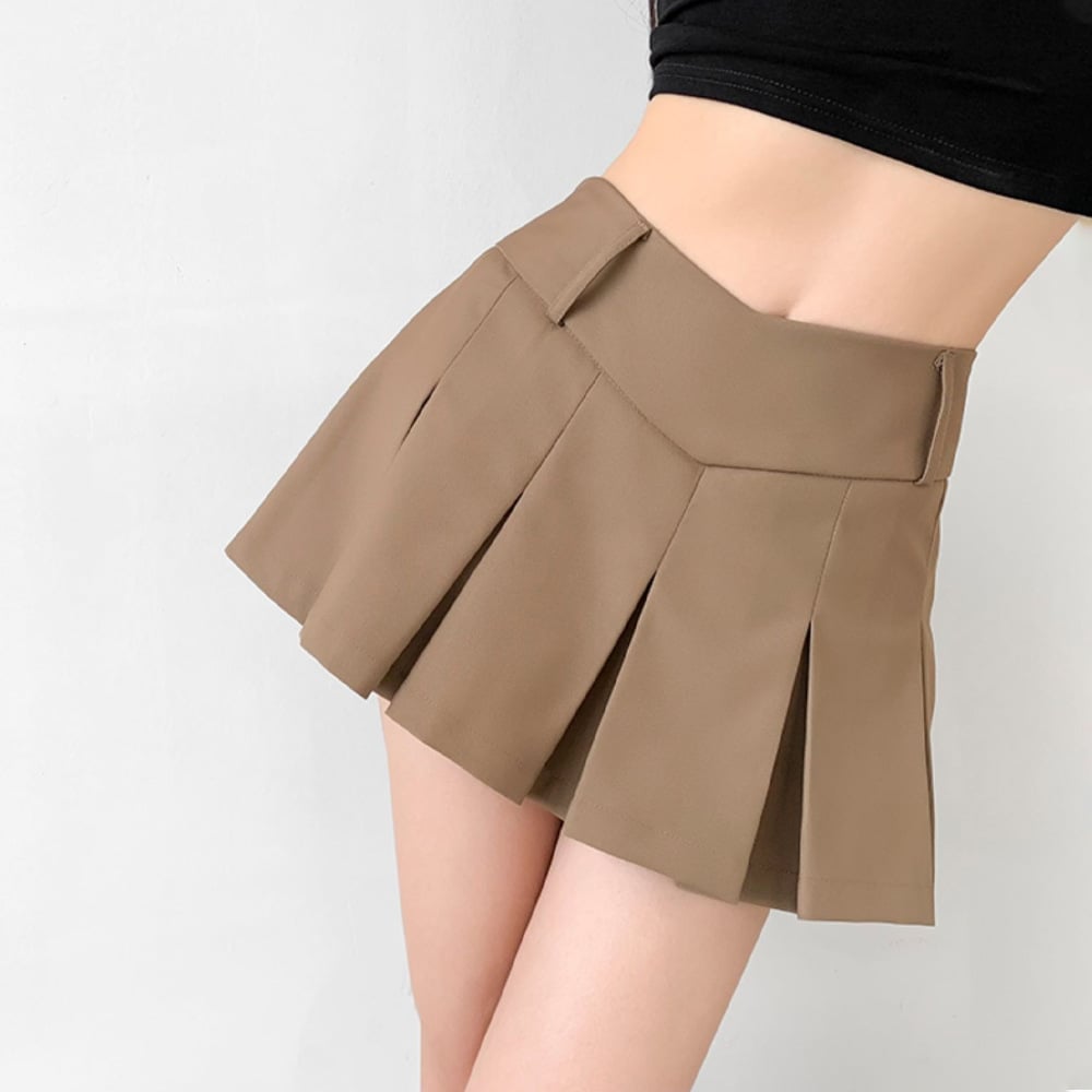 Gonna Mini da Donna a Campana con Vita a V, Pieghe e Shorts Interni