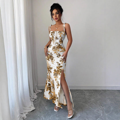 Abito Maxi Donna con Stampa Floreale, Maniche Lunghe e Vita Alta – Abito Elegante