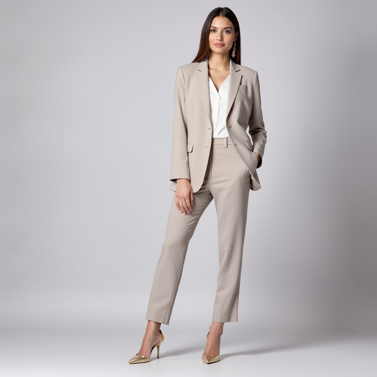Donna in abito elegante beige, camicia bianca, tacchi dorati. Moda femminile, abbigliamento formale, stile professionale. Sfondo neutro.