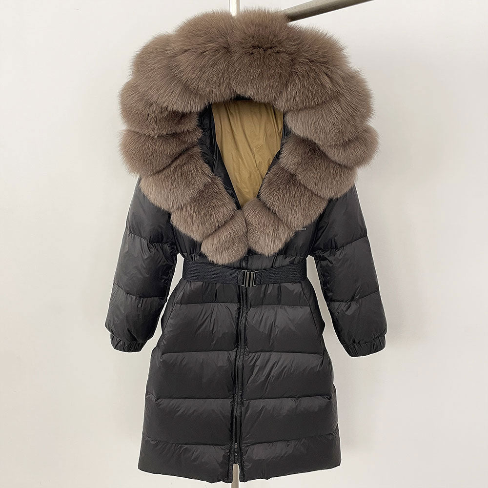 Women's Winter Coat with Long Hood and Removable Fur Collar