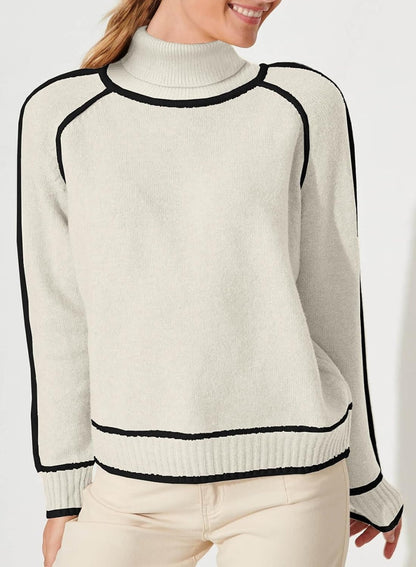 Women's Solid Color Turtleneck Pullover Sweater with Long Sleeves