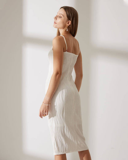 Women's Midi Dress with Wavy Texture and Pearl Straps