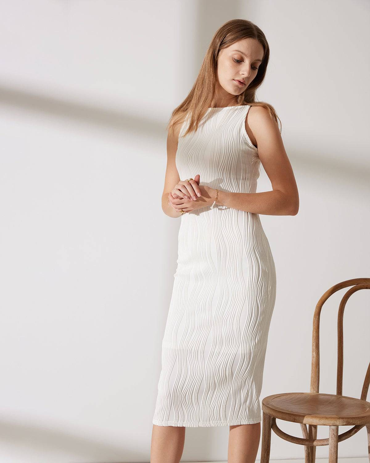 Women's Midi Dress with Wavy Texture and Pearl Straps