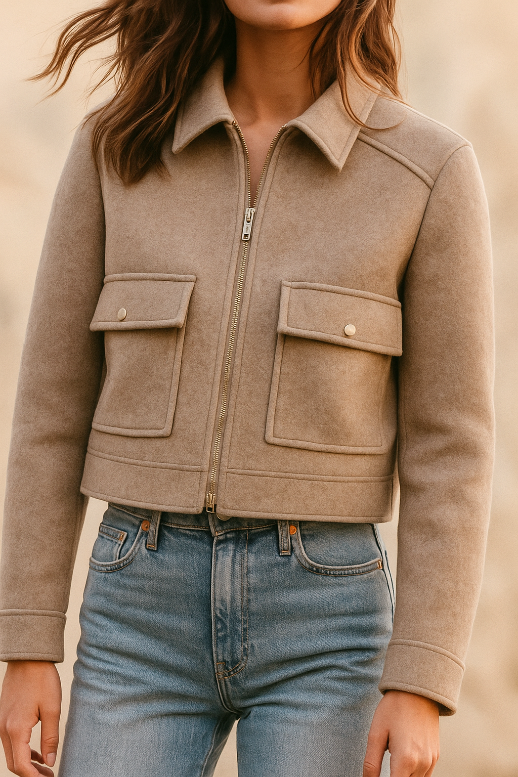 Chaqueta corta para mujer con cremallera y bolsillos utilitarios – Diseño funcional
