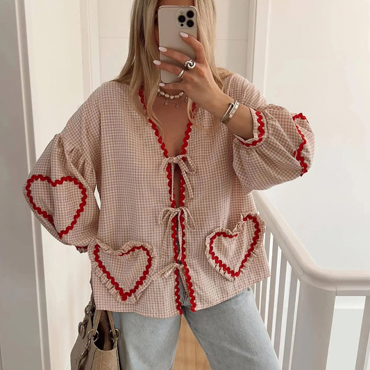 Women's Spring Shirt Loose Fit Heart-Shaped Pockets