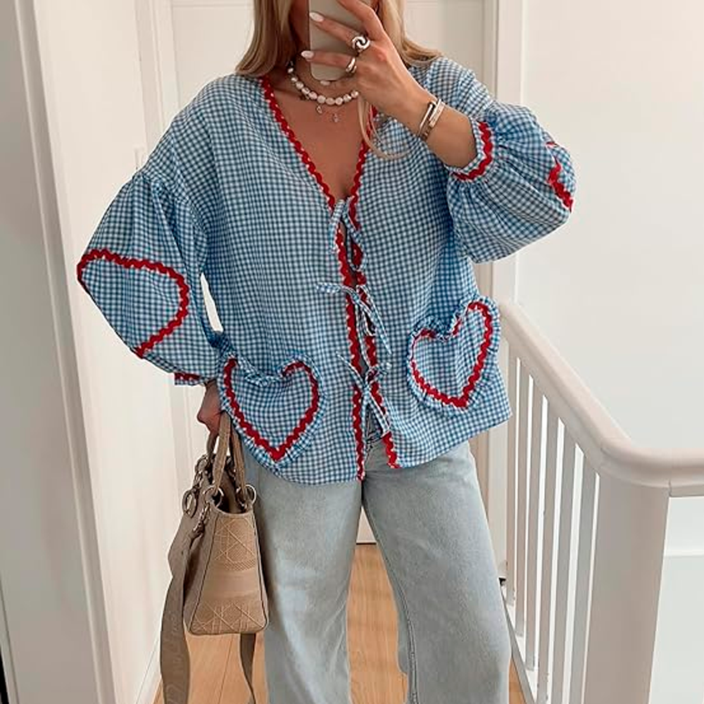Women's Spring Shirt Loose Fit Heart-Shaped Pockets