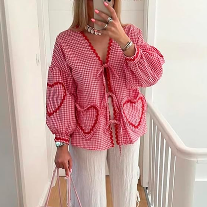 Women's Spring Shirt Loose Fit Heart-Shaped Pockets