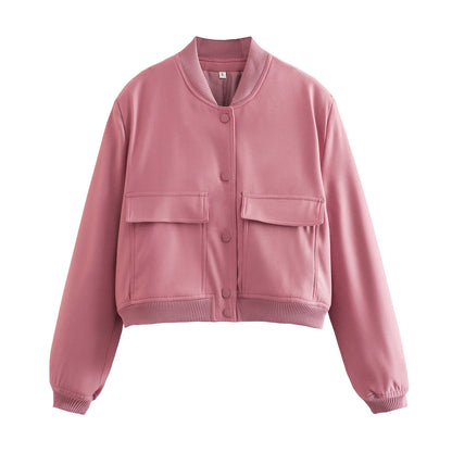 Chaqueta bomber de mujer para otoño con bolsillos delanteros y diseño liso