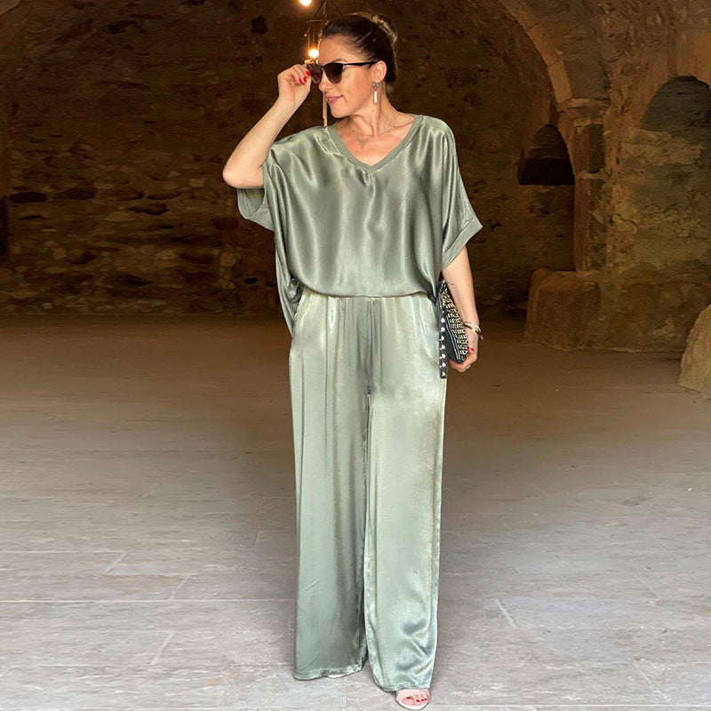 Women's Autumn Set with Casual V-Neck Top and Wide-Leg Pants – Loose Fit