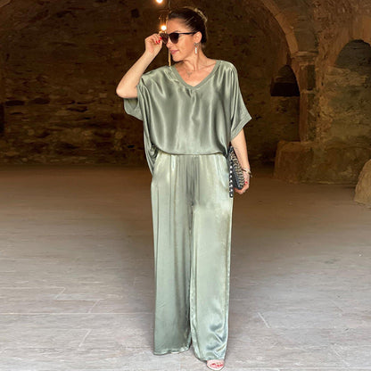 Women's Autumn Set with Casual V-Neck Top and Wide-Leg Pants – Loose Fit